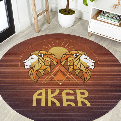Aker Round Carpet Ancient Egyptian Sunset Gradient, Twin Lion Guardians, and Solar Disc - African Pride