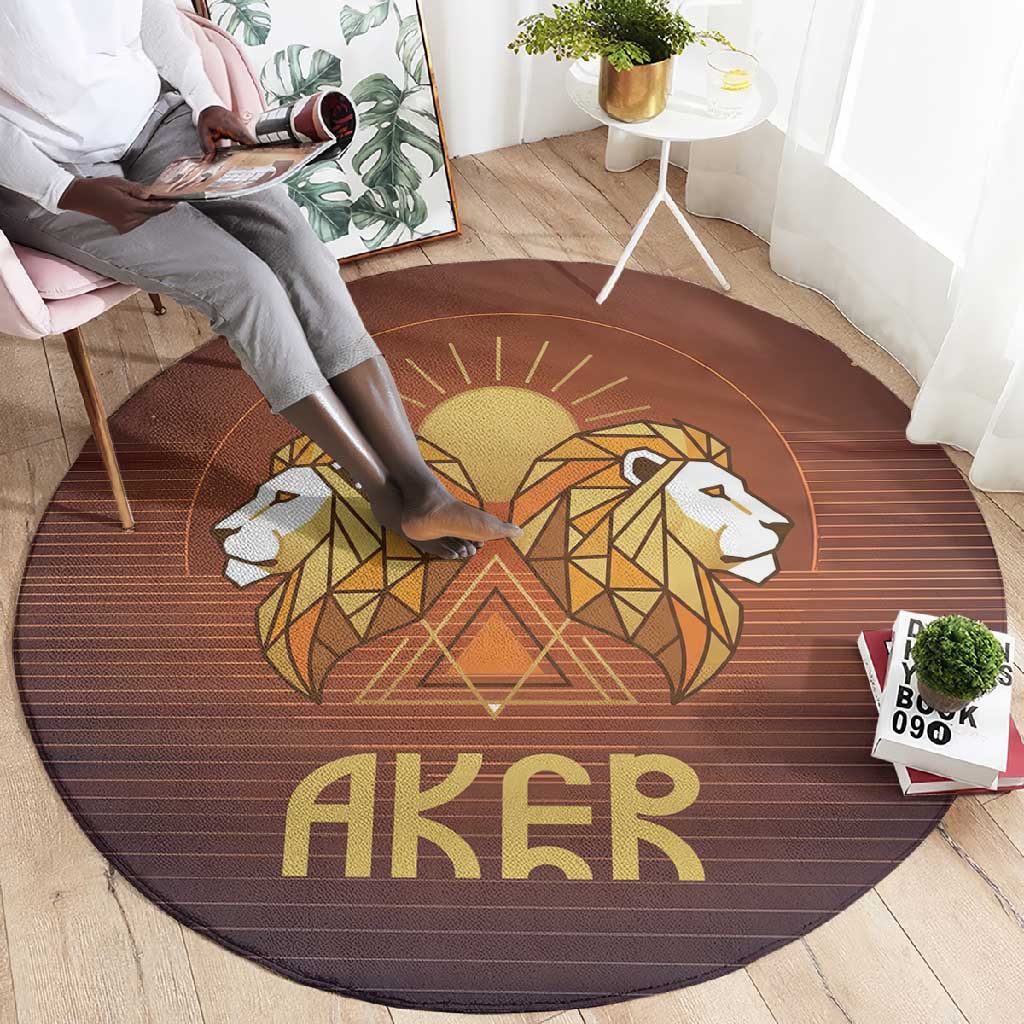 Aker Round Carpet Ancient Egyptian Sunset Gradient, Twin Lion Guardians, and Solar Disc - African Pride