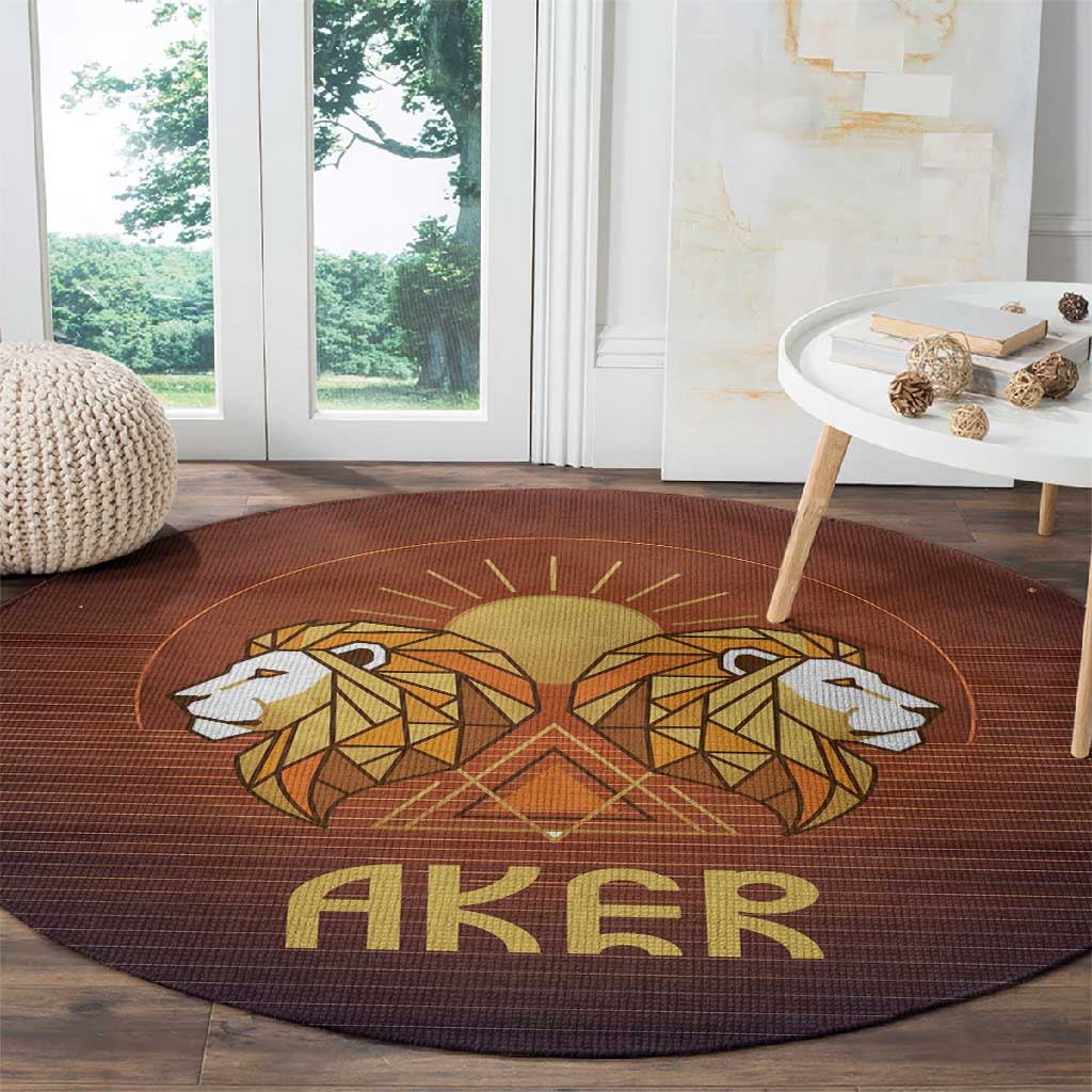 Aker Round Carpet Ancient Egyptian Sunset Gradient, Twin Lion Guardians, and Solar Disc - African Pride