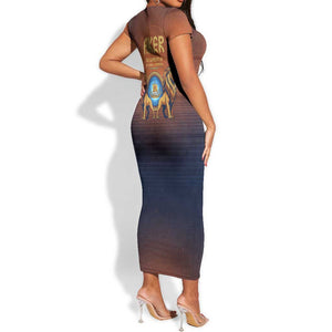 Aker Short Sleeve Bodycon Dress Ancient Egyptian Sunset Gradient, Twin Lion Guardians, and Solar Disc - African Pride