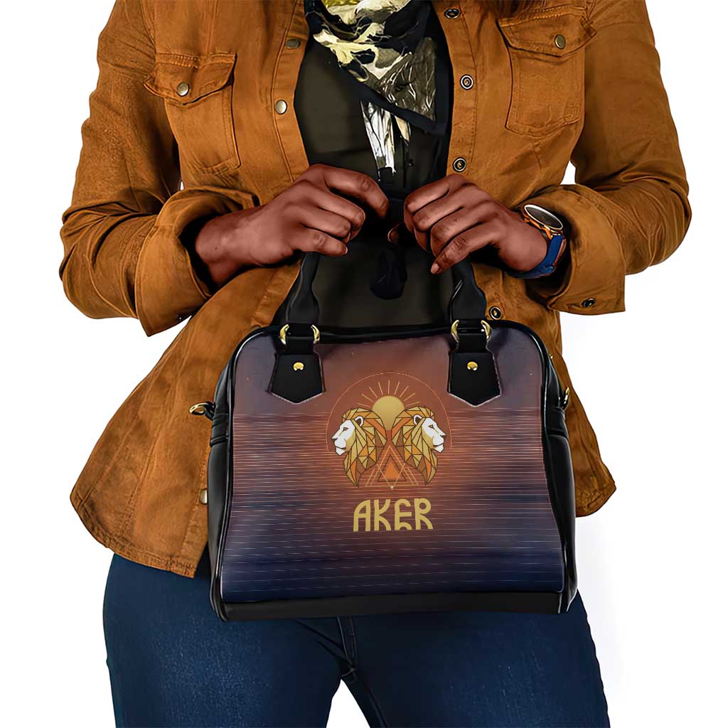 Aker Shoulder Handbag Ancient Egyptian Sunset Gradient, Twin Lion Guardians, and Solar Disc - African Pride