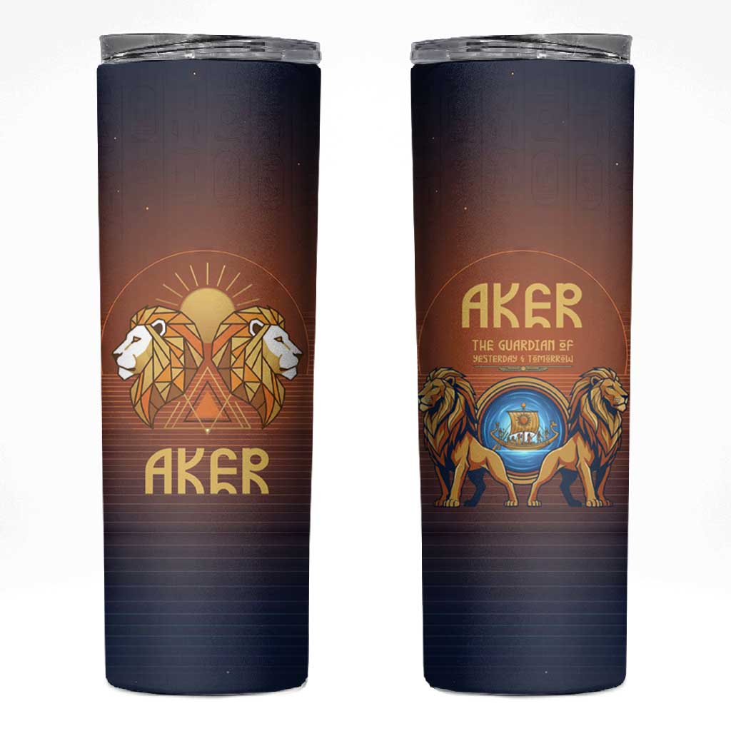 Aker Skinny Tumbler Ancient Egyptian Sunset Gradient, Twin Lion Guardians, and Solar Disc - African Pride