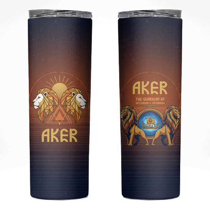 Aker Skinny Tumbler Ancient Egyptian Sunset Gradient, Twin Lion Guardians, and Solar Disc - African Pride