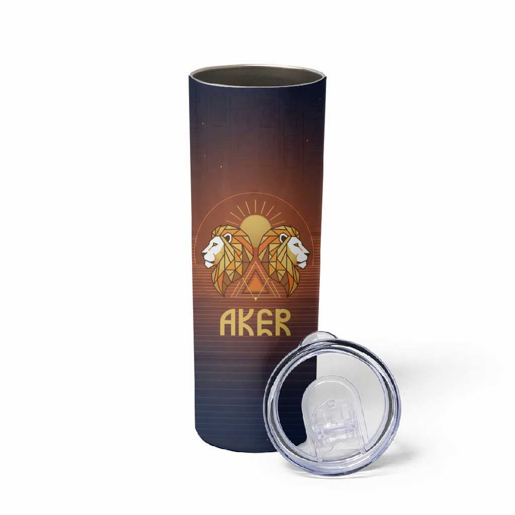 Aker Skinny Tumbler Ancient Egyptian Sunset Gradient, Twin Lion Guardians, and Solar Disc - African Pride