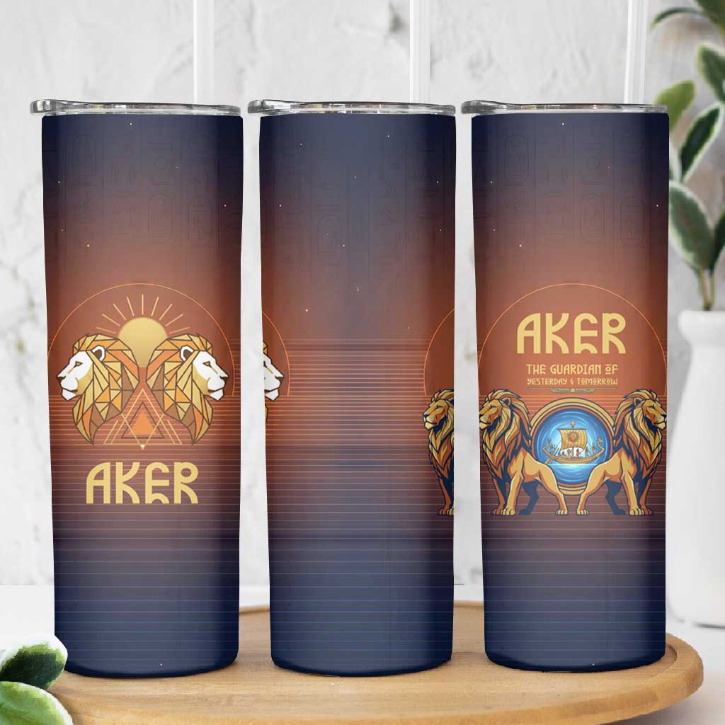 Aker Skinny Tumbler Ancient Egyptian Sunset Gradient, Twin Lion Guardians, and Solar Disc - African Pride