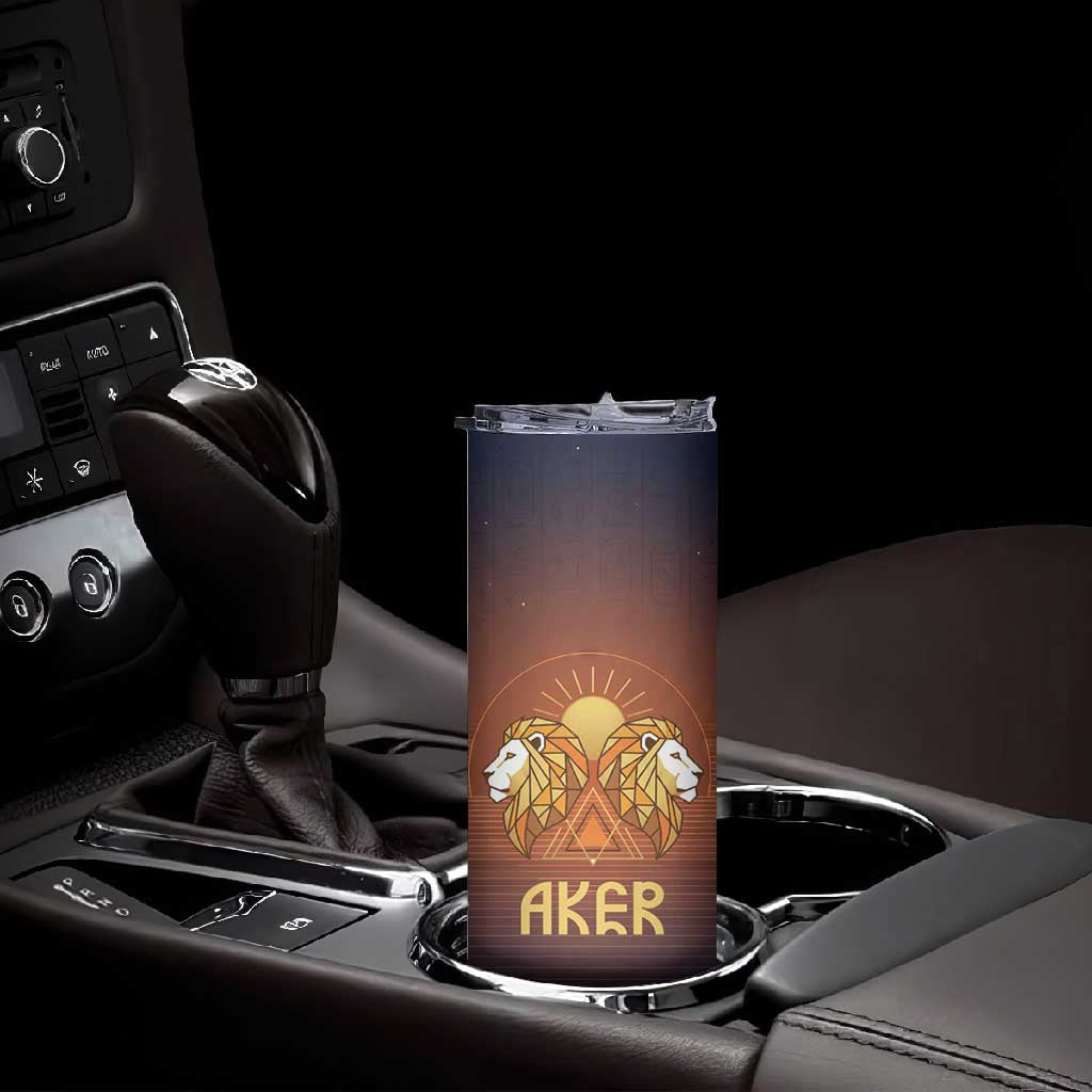 Aker Skinny Tumbler Ancient Egyptian Sunset Gradient, Twin Lion Guardians, and Solar Disc - African Pride
