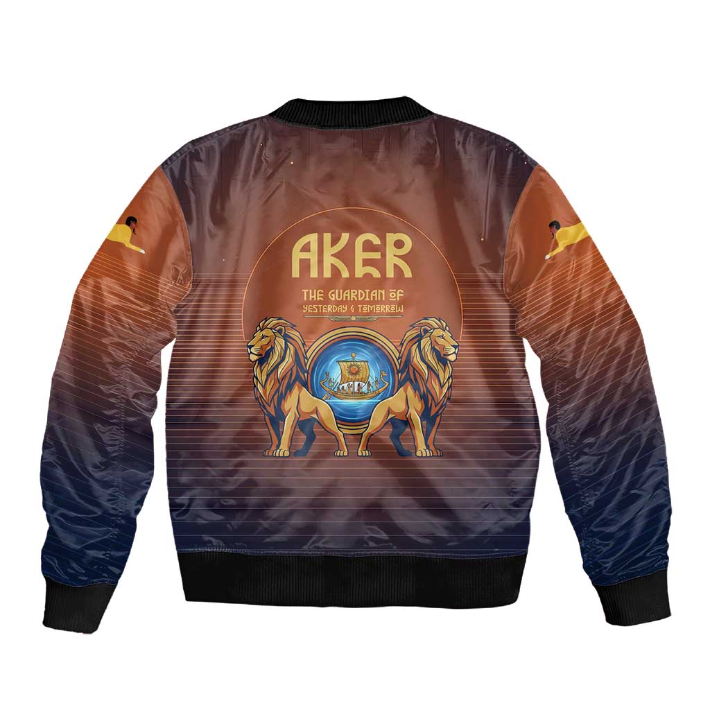 Aker Sleeve Zip Bomber Jacket Ancient Egyptian Sunset Gradient, Twin Lion Guardians, and Solar Disc - African Pride
