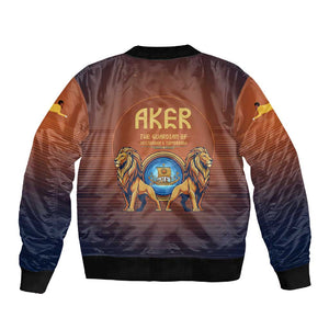 Aker Sleeve Zip Bomber Jacket Ancient Egyptian Sunset Gradient, Twin Lion Guardians, and Solar Disc - African Pride