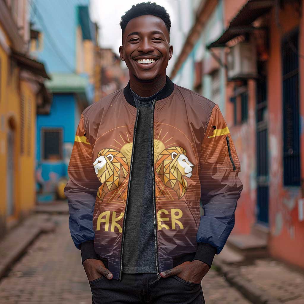 Aker Sleeve Zip Bomber Jacket Ancient Egyptian Sunset Gradient, Twin Lion Guardians, and Solar Disc - African Pride