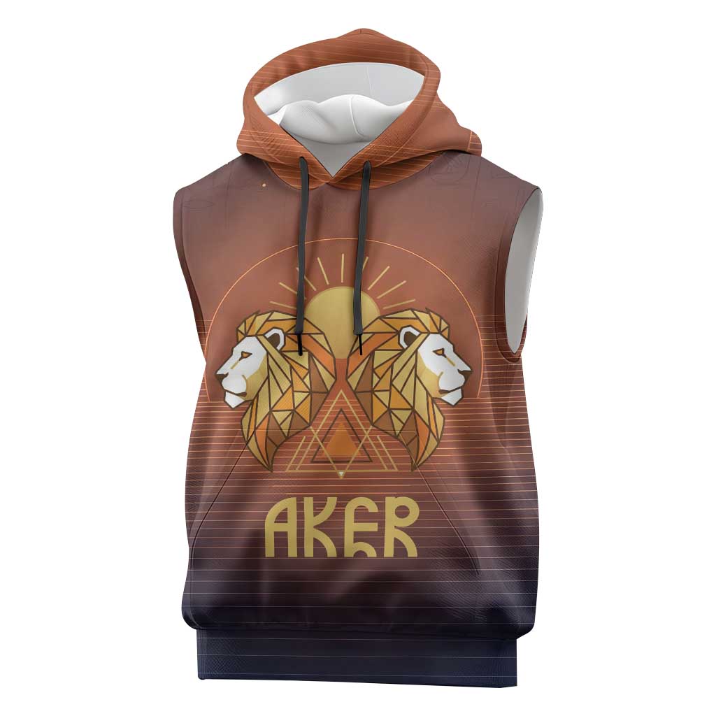 Aker Sleeveless Hoodie Ancient Egyptian Sunset Gradient, Twin Lion Guardians, and Solar Disc - African Pride