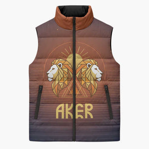 Aker Sleeveless Puffer Jacket Ancient Egyptian Sunset Gradient, Twin Lion Guardians, and Solar Disc - African Pride