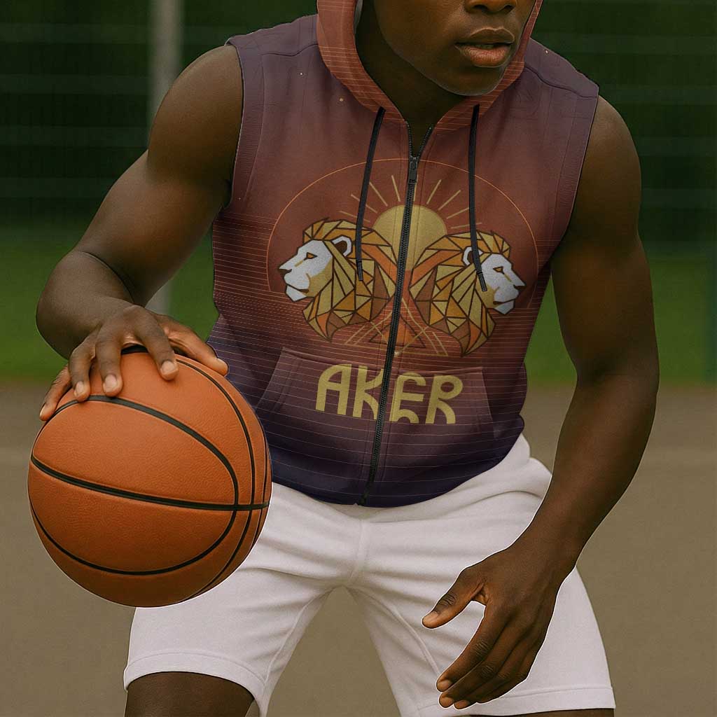 Aker Sleeveless Zip Hoodie Ancient Egyptian Sunset Gradient, Twin Lion Guardians, and Solar Disc - African Pride