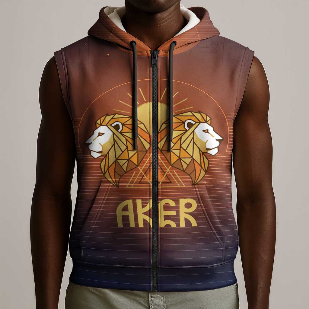 Aker Sleeveless Zip Hoodie Ancient Egyptian Sunset Gradient, Twin Lion Guardians, and Solar Disc - African Pride