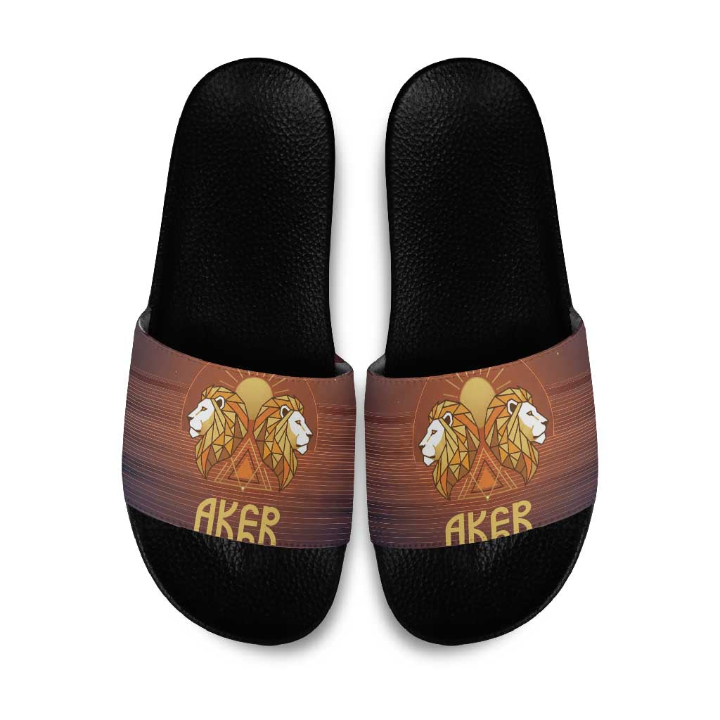 Aker Slide Sandals Ancient Egyptian Sunset Gradient, Twin Lion Guardians, and Solar Disc - African Pride