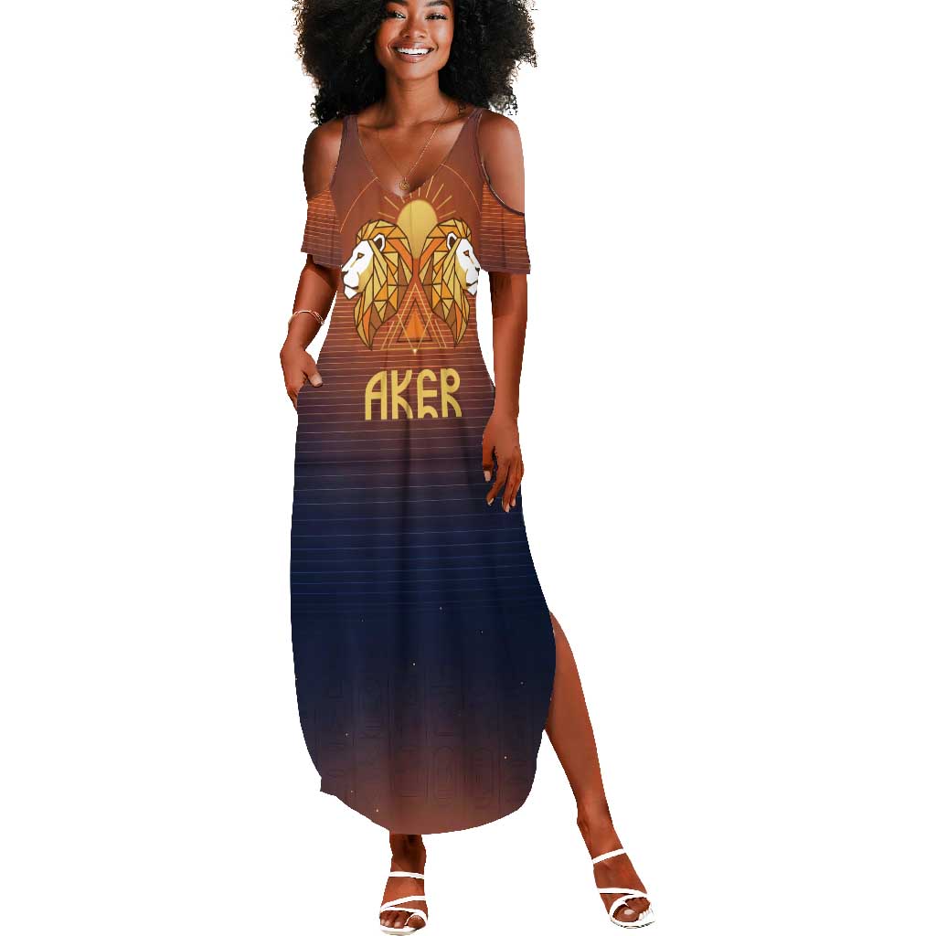 Aker Summer Maxi Dress Ancient Egyptian Sunset Gradient, Twin Lion Guardians, and Solar Disc - African Pride