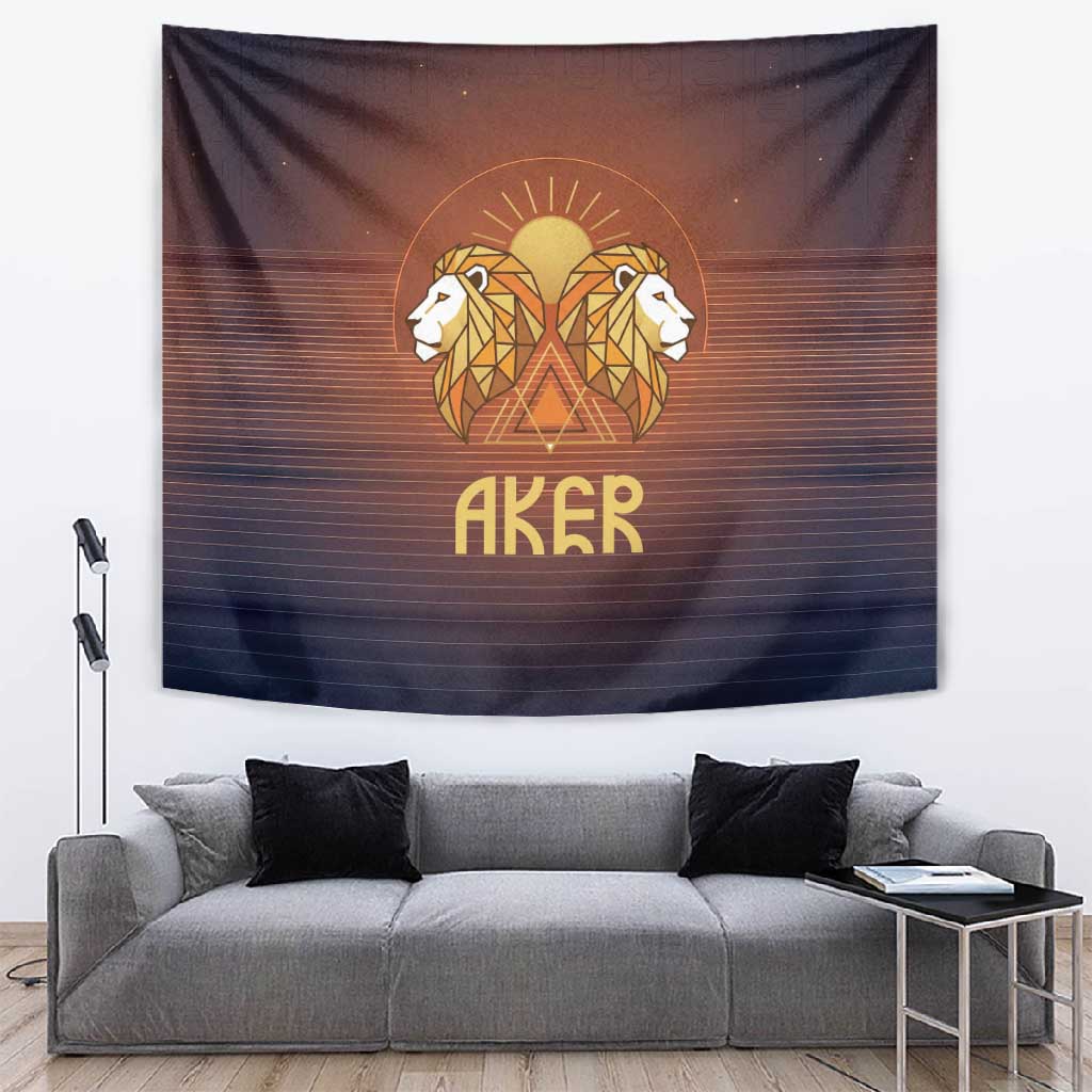 Aker Tapestry Ancient Egyptian Sunset Gradient, Twin Lion Guardians, and Solar Disc - African Pride