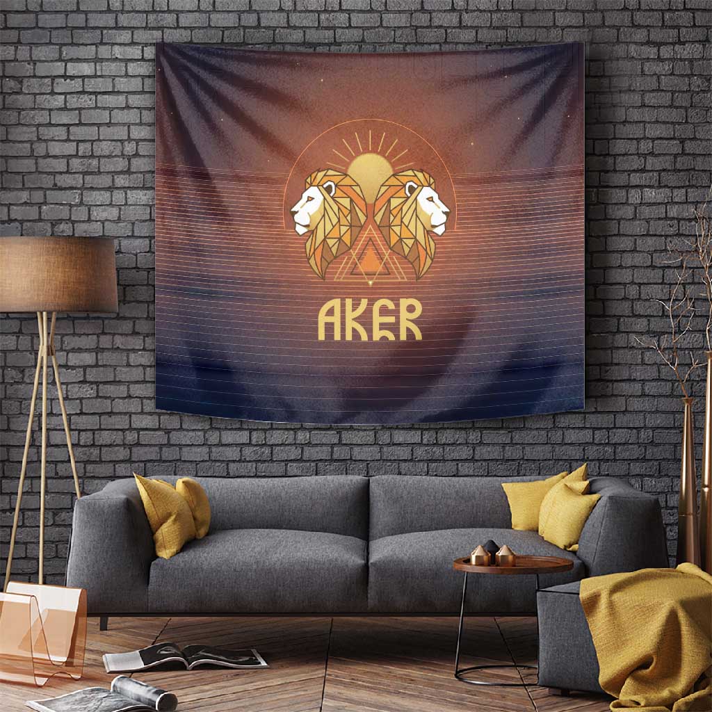 Aker Tapestry Ancient Egyptian Sunset Gradient, Twin Lion Guardians, and Solar Disc - African Pride