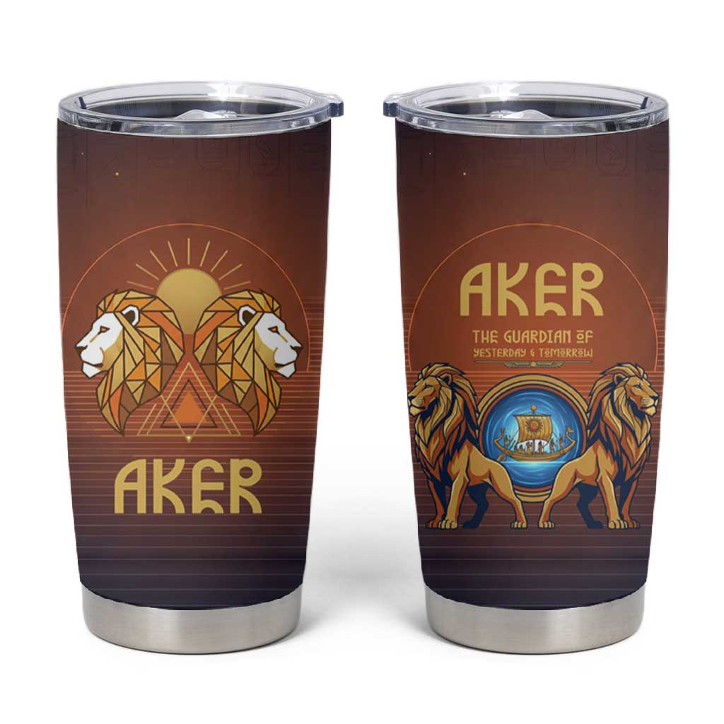 Aker Tumbler Cup Ancient Egyptian Sunset Gradient, Twin Lion Guardians, and Solar Disc - African Pride
