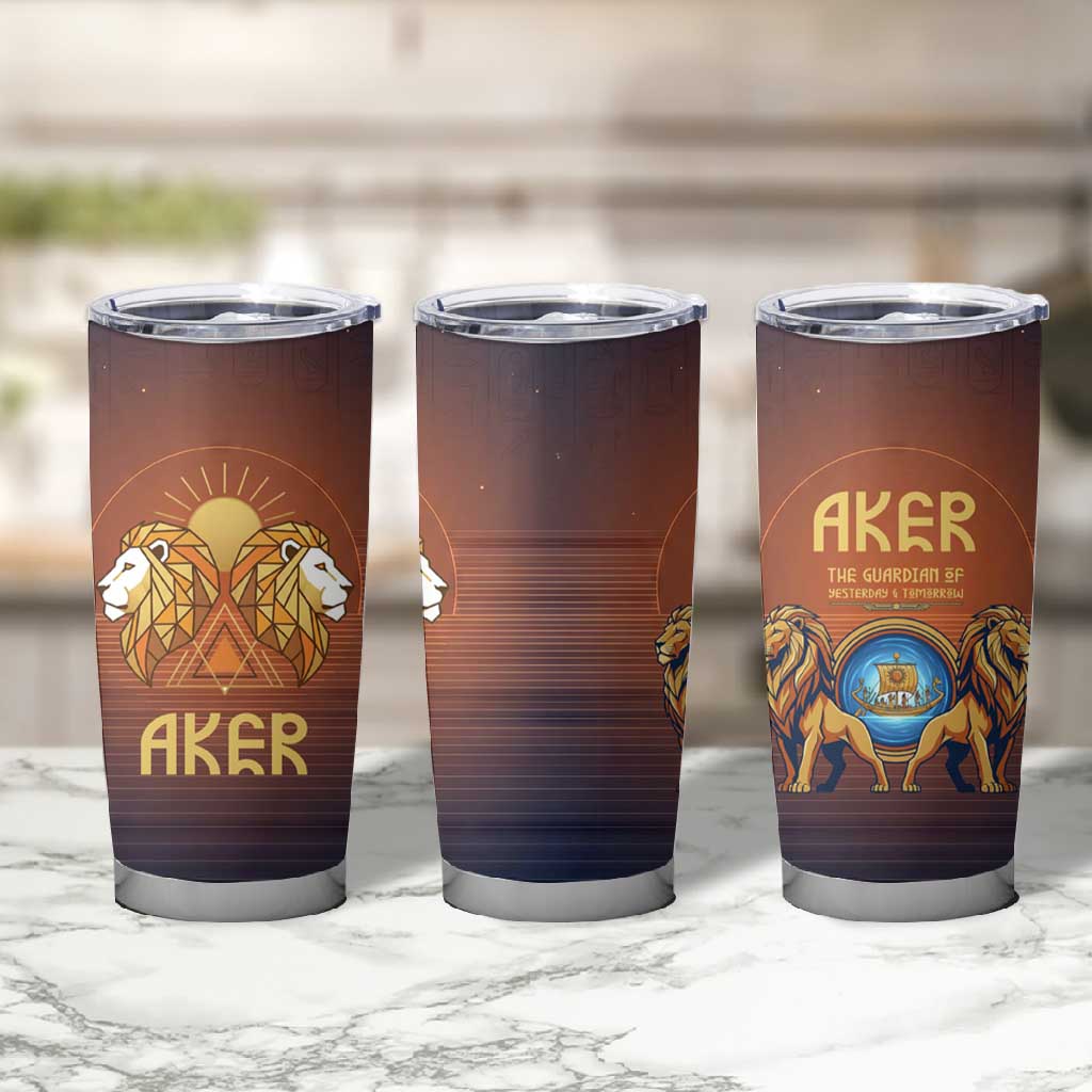 Aker Tumbler Cup Ancient Egyptian Sunset Gradient, Twin Lion Guardians, and Solar Disc - African Pride