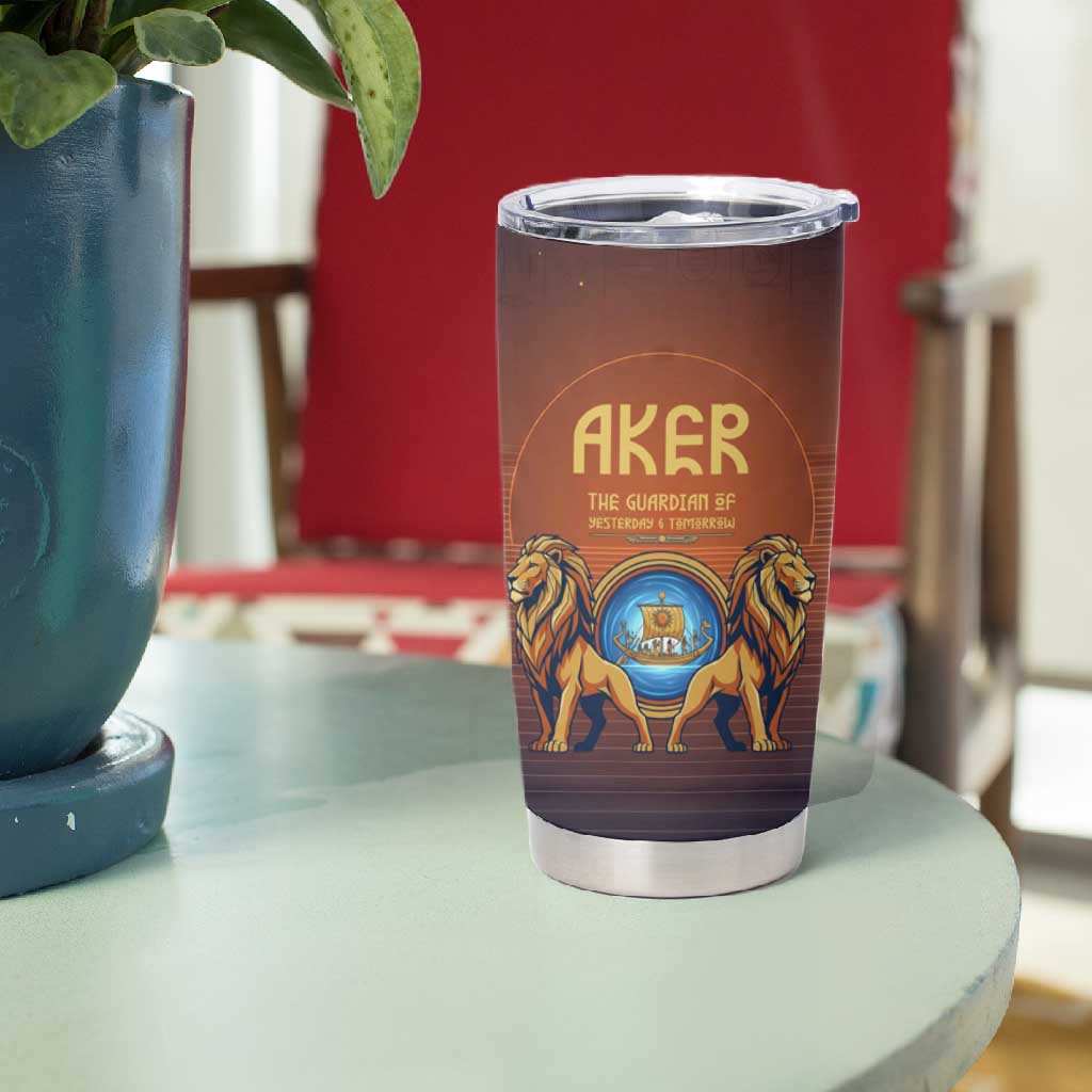 Aker Tumbler Cup Ancient Egyptian Sunset Gradient, Twin Lion Guardians, and Solar Disc - African Pride