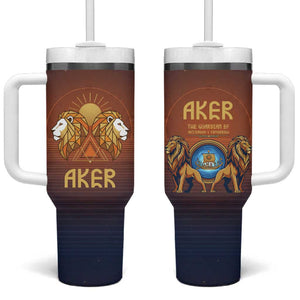 Aker Tumbler With Handle Ancient Egyptian Sunset Gradient, Twin Lion Guardians, and Solar Disc - African Pride