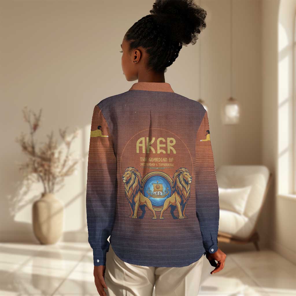 Aker Women Casual Shirt Ancient Egyptian Sunset Gradient, Twin Lion Guardians, and Solar Disc - African Pride