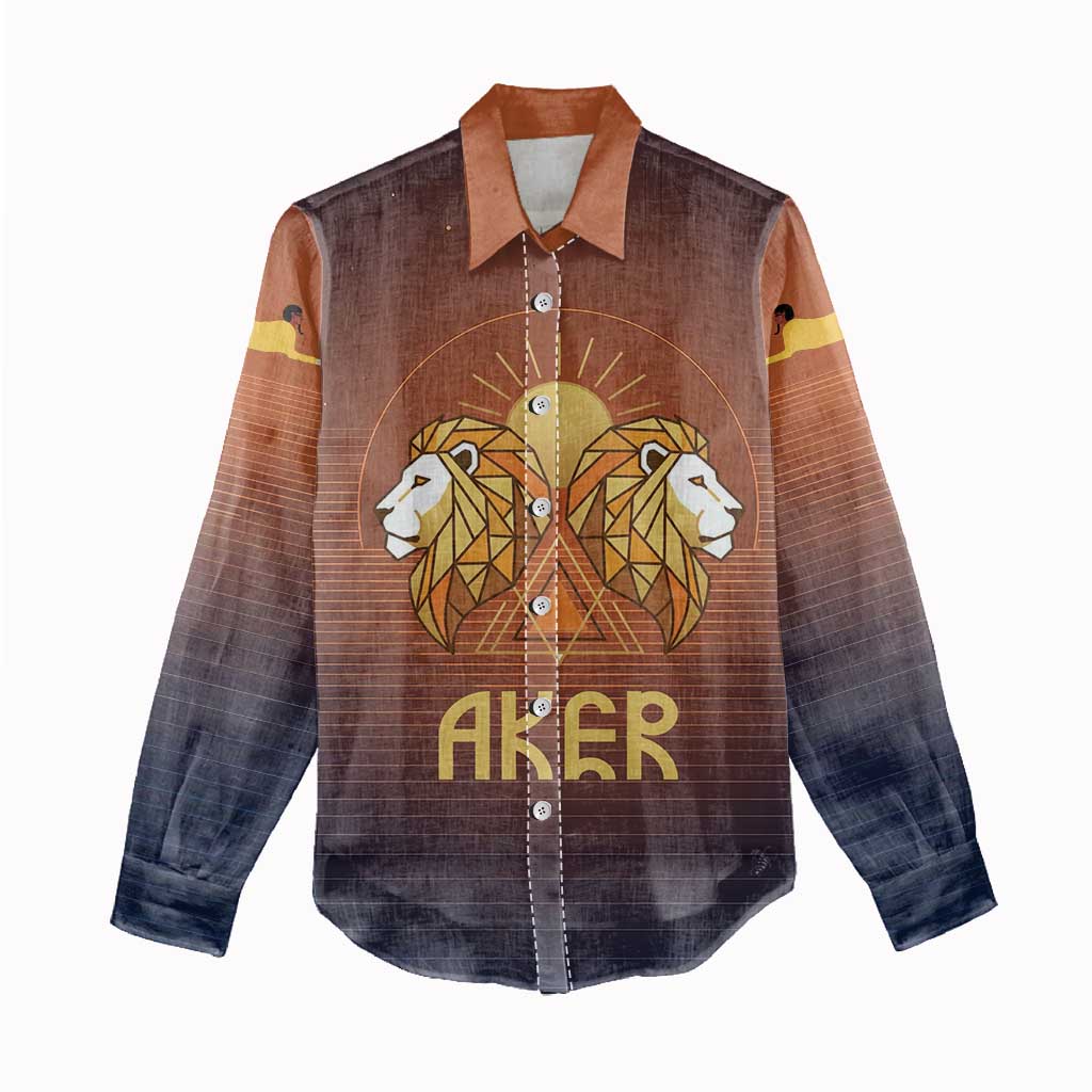 Aker Women Casual Shirt Ancient Egyptian Sunset Gradient, Twin Lion Guardians, and Solar Disc - African Pride