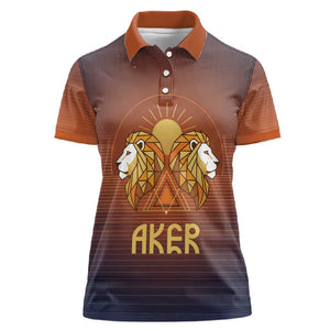 Aker Women Polo Shirt Ancient Egyptian Sunset Gradient, Twin Lion Guardians, and Solar Disc - African Pride