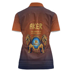 Aker Women Polo Shirt Ancient Egyptian Sunset Gradient, Twin Lion Guardians, and Solar Disc - African Pride