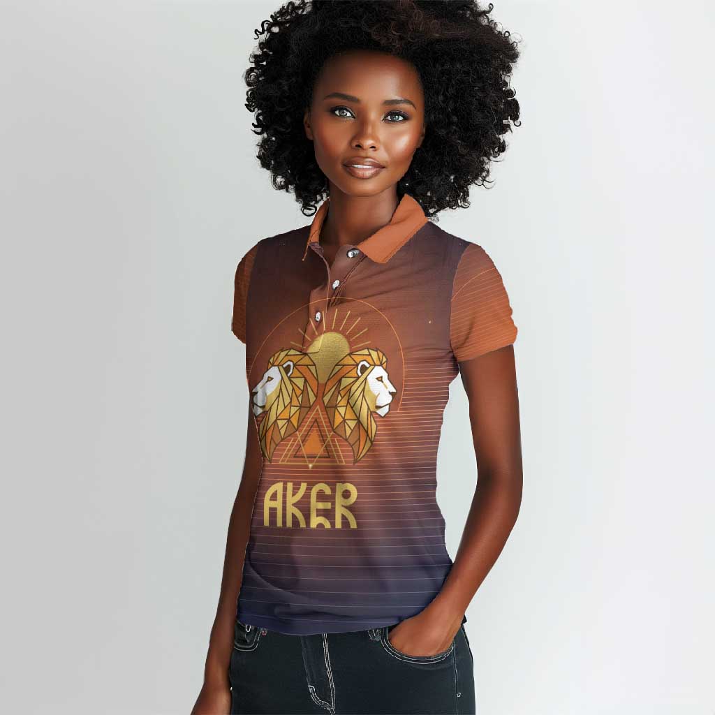 Aker Women Polo Shirt Ancient Egyptian Sunset Gradient, Twin Lion Guardians, and Solar Disc - African Pride
