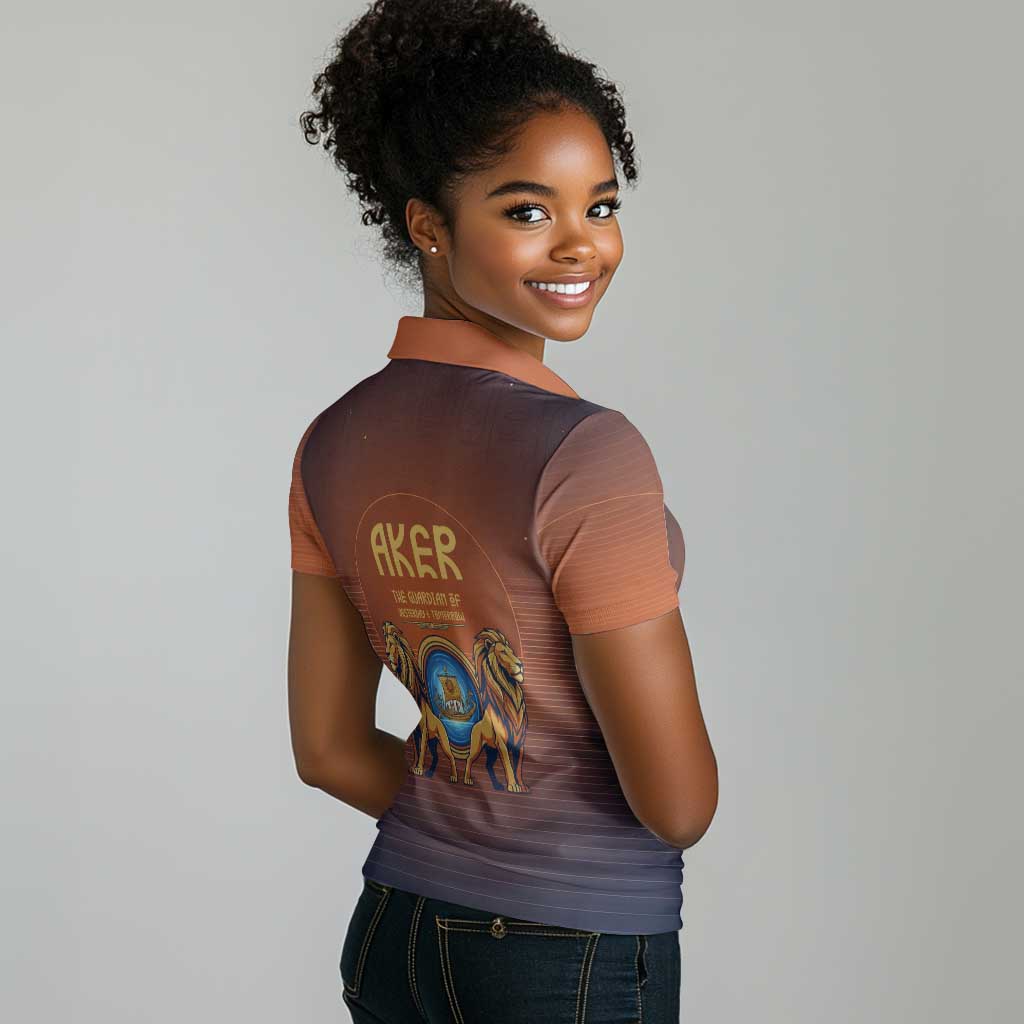 Aker Women Polo Shirt Ancient Egyptian Sunset Gradient, Twin Lion Guardians, and Solar Disc - African Pride