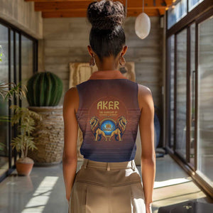 Aker Women Sleeveless Polo Shirt Ancient Egyptian Sunset Gradient, Twin Lion Guardians, and Solar Disc - African Pride
