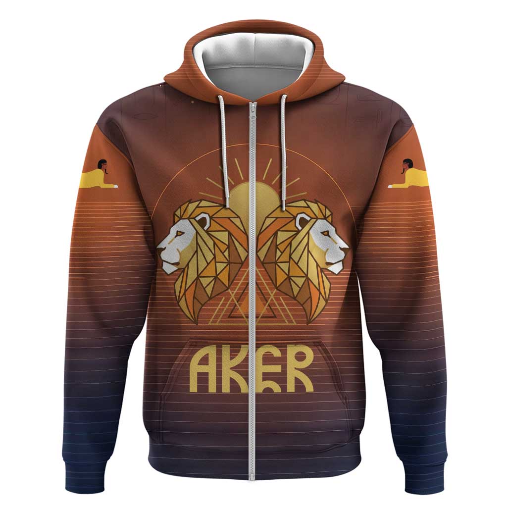 Aker Zip Hoodie Ancient Egyptian Sunset Gradient, Twin Lion Guardians, and Solar Disc - African Pride