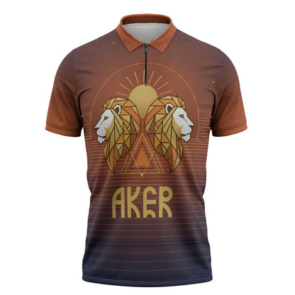 Aker Zipper Polo Shirt Ancient Egyptian Sunset Gradient, Twin Lion Guardians, and Solar Disc - African Pride
