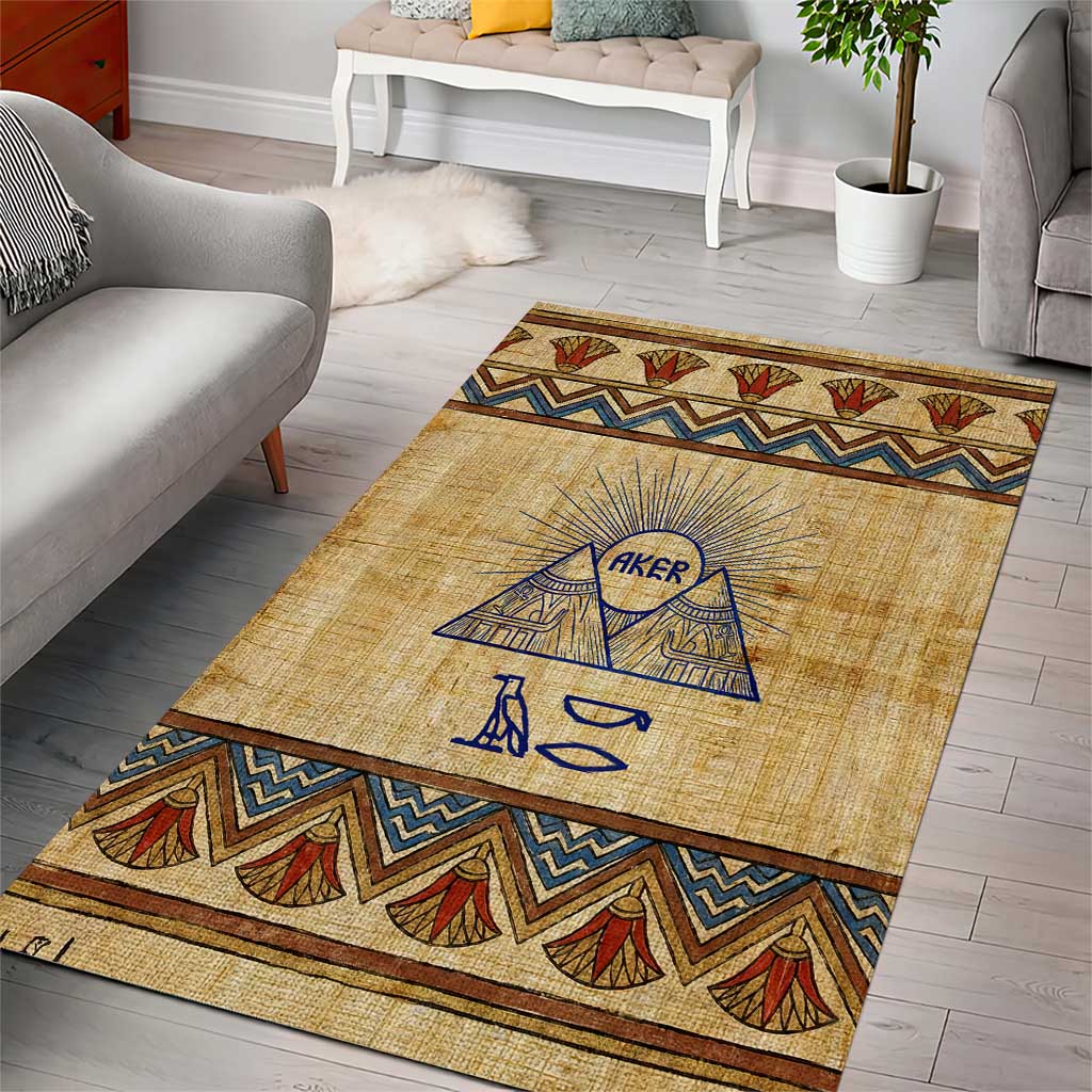 Aker Ancient Egyptian Area Rug with Hieroglyphic Pattern, Pyramid Symbol, and Twin Lion Guardians Motif - African Pride