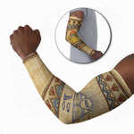 Aker Ancient Egyptian Arm Sleeves with Hieroglyphic Pattern, Pyramid Symbol, and Twin Lion Guardians Motif - African Pride
