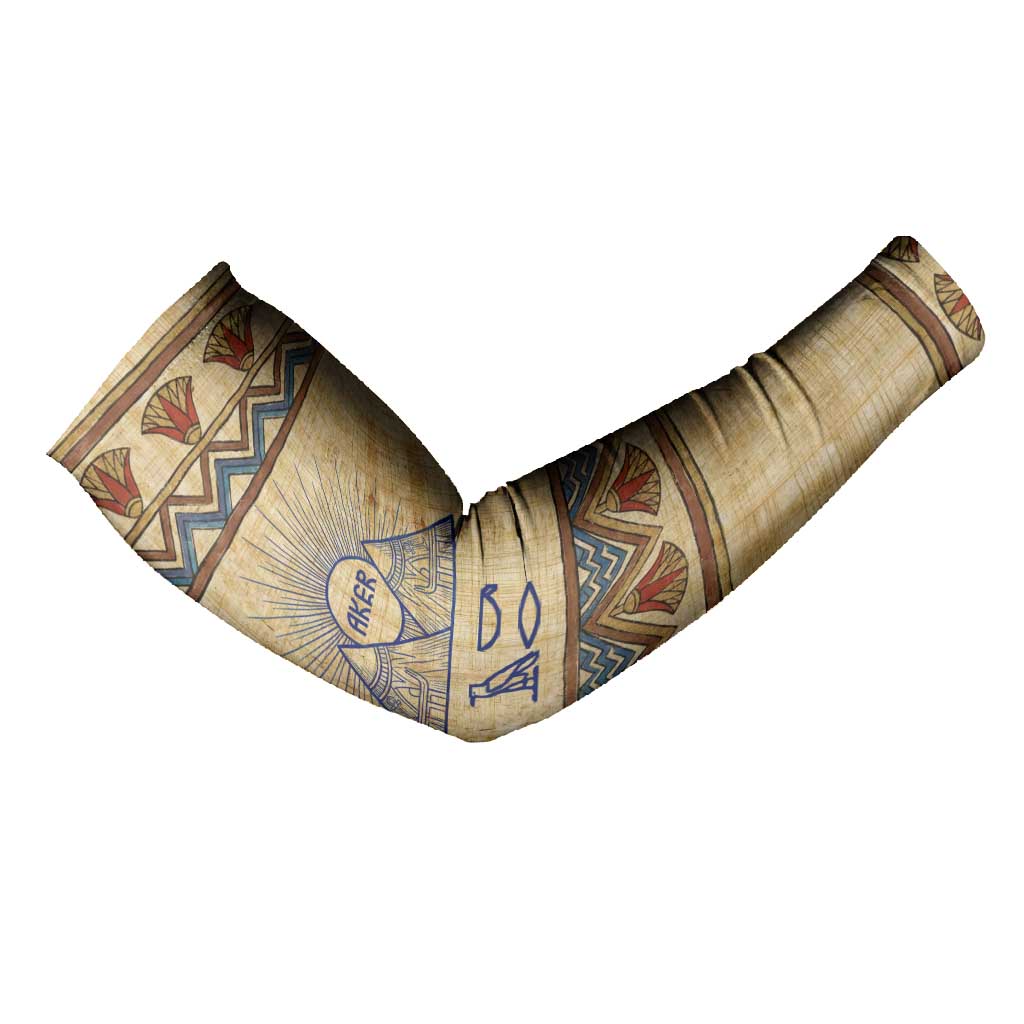 Aker Ancient Egyptian Arm Sleeves with Hieroglyphic Pattern, Pyramid Symbol, and Twin Lion Guardians Motif - African Pride