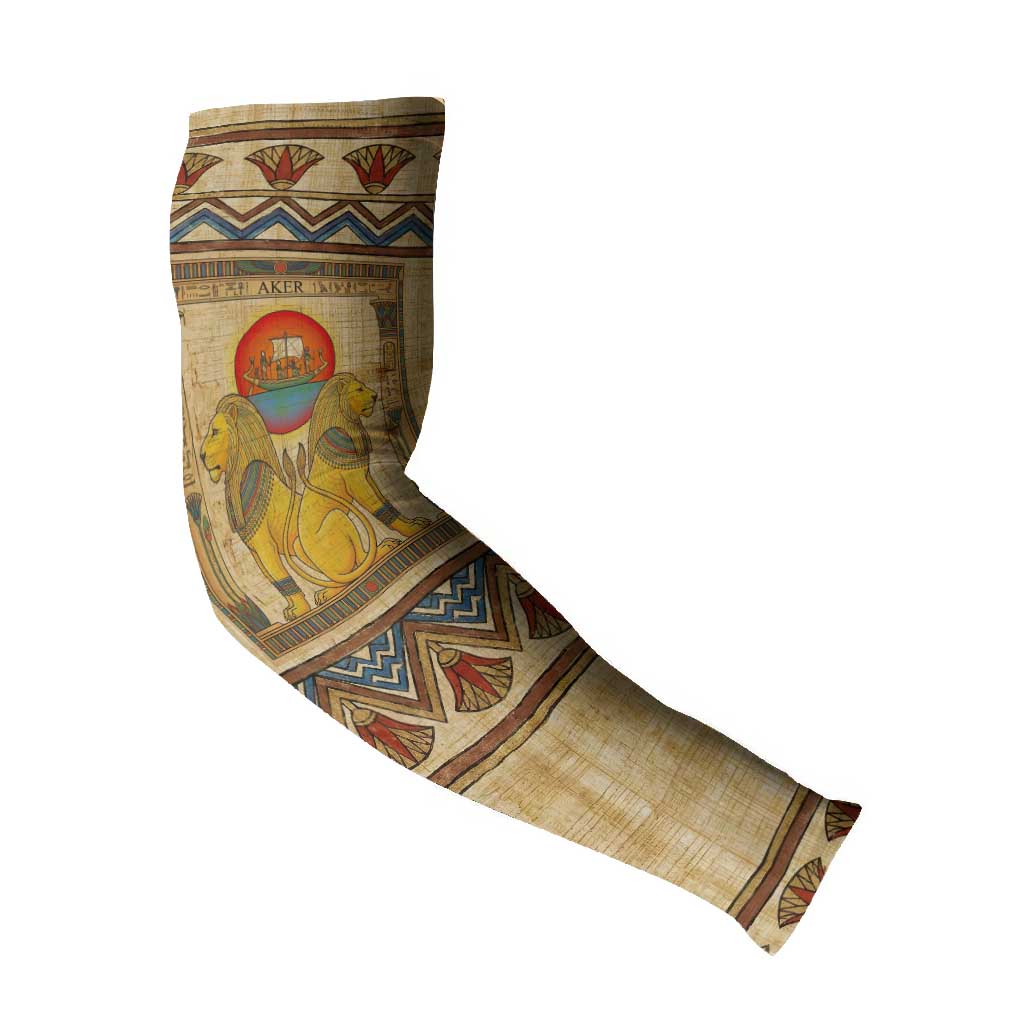 Aker Ancient Egyptian Arm Sleeves with Hieroglyphic Pattern, Pyramid Symbol, and Twin Lion Guardians Motif - African Pride