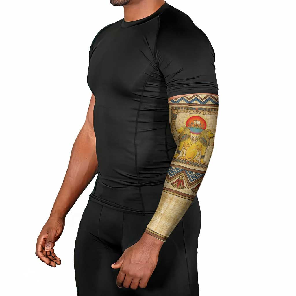 Aker Ancient Egyptian Arm Sleeves with Hieroglyphic Pattern, Pyramid Symbol, and Twin Lion Guardians Motif - African Pride