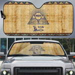 Aker Ancient Egyptian Auto Sun Shade with Hieroglyphic Pattern, Pyramid Symbol, and Twin Lion Guardians Motif - African Pride
