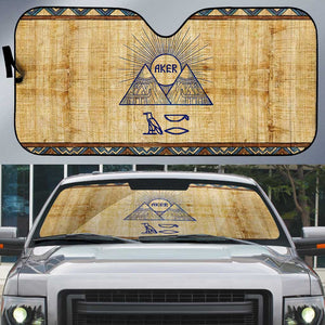 Aker Ancient Egyptian Auto Sun Shade with Hieroglyphic Pattern, Pyramid Symbol, and Twin Lion Guardians Motif - African Pride