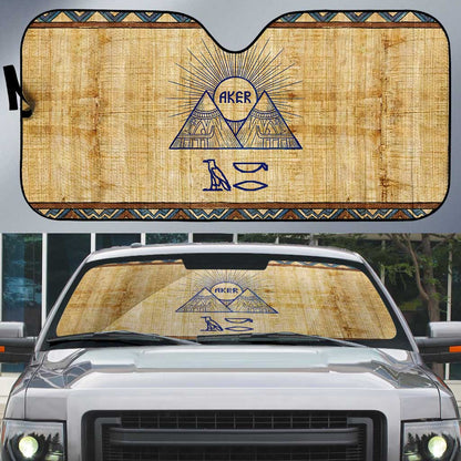 Aker Ancient Egyptian Auto Sun Shade with Hieroglyphic Pattern, Pyramid Symbol, and Twin Lion Guardians Motif - African Pride