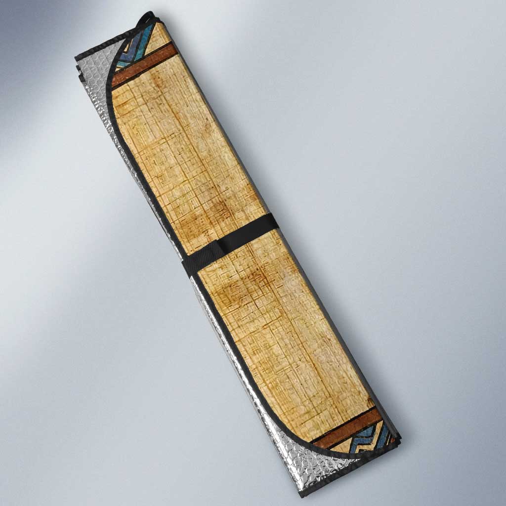 Aker Ancient Egyptian Auto Sun Shade with Hieroglyphic Pattern, Pyramid Symbol, and Twin Lion Guardians Motif - African Pride