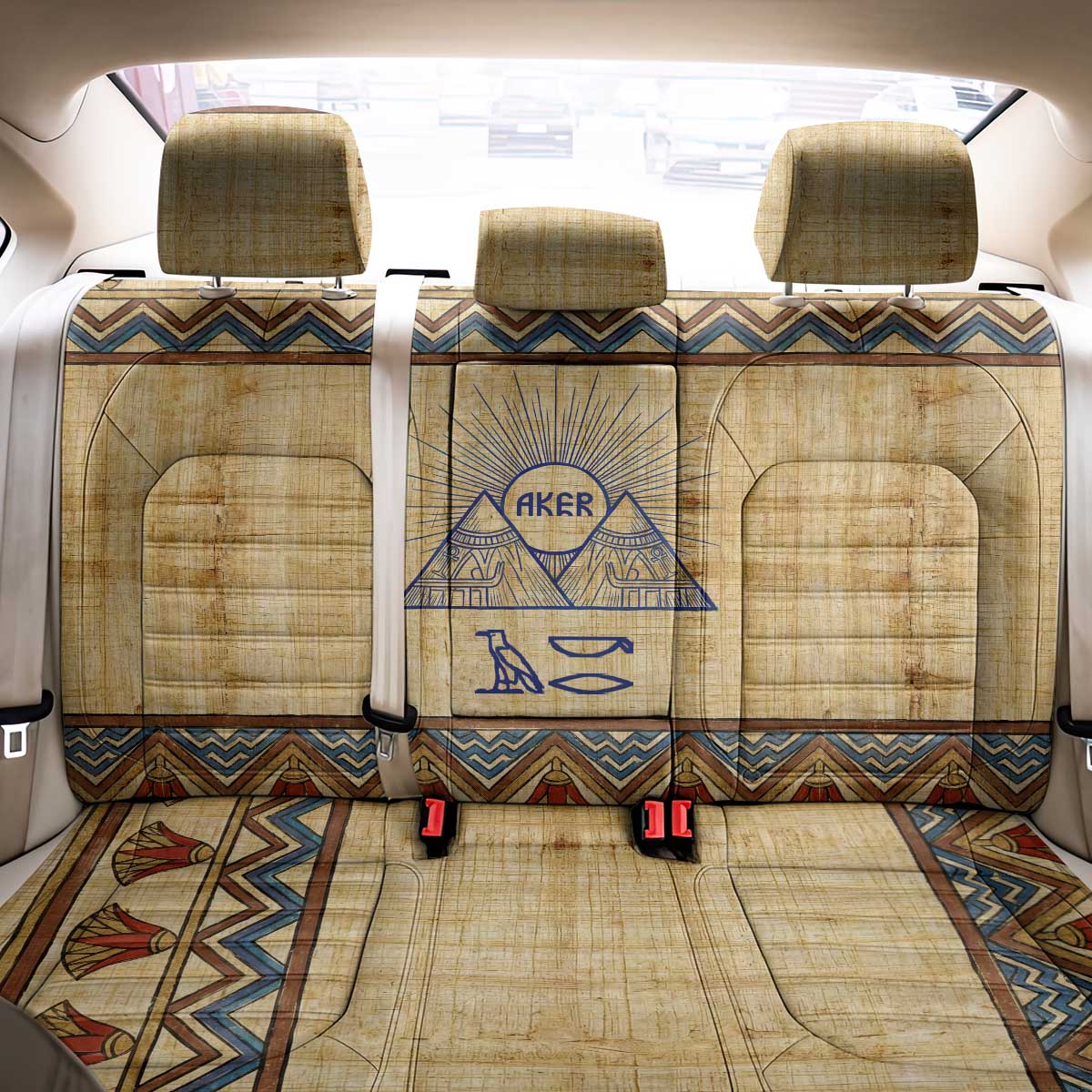 Aker Ancient Egyptian Back Car Seat Cover with Hieroglyphic Pattern, Pyramid Symbol, and Twin Lion Guardians Motif - African Pride