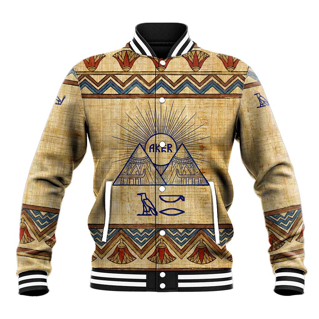 Aker Ancient Egyptian Baseball Jacket with Hieroglyphic Pattern, Pyramid Symbol, and Twin Lion Guardians Motif - African Pride