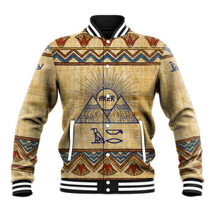 Aker Ancient Egyptian Baseball Jacket with Hieroglyphic Pattern, Pyramid Symbol, and Twin Lion Guardians Motif - African Pride