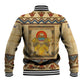 Aker Ancient Egyptian Baseball Jacket with Hieroglyphic Pattern, Pyramid Symbol, and Twin Lion Guardians Motif - African Pride