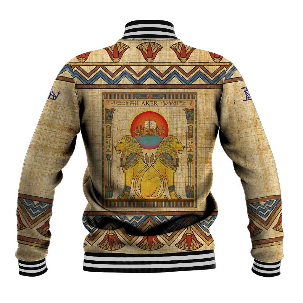 Aker Ancient Egyptian Baseball Jacket with Hieroglyphic Pattern, Pyramid Symbol, and Twin Lion Guardians Motif - African Pride