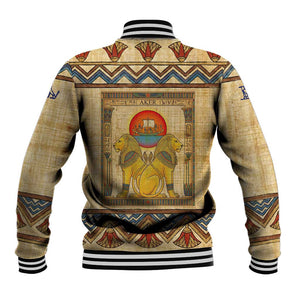 Aker Ancient Egyptian Baseball Jacket with Hieroglyphic Pattern, Pyramid Symbol, and Twin Lion Guardians Motif - African Pride