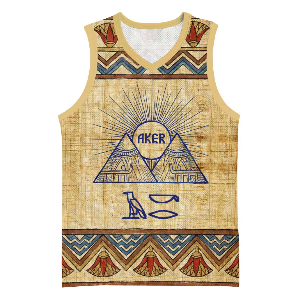 Aker Ancient Egyptian Basketball Jersey with Hieroglyphic Pattern, Pyramid Symbol, and Twin Lion Guardians Motif - African Pride
